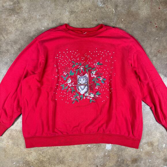 Vintage Cat Christmas Sweatshirt Women’s Plus Size Red Winter‎ Holiday Pullover - Picture 2 of 8